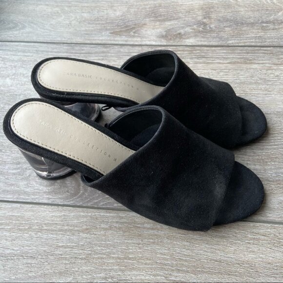 Zara  Black Faux Suede Clear Heel Slides - Picture 11 of 14